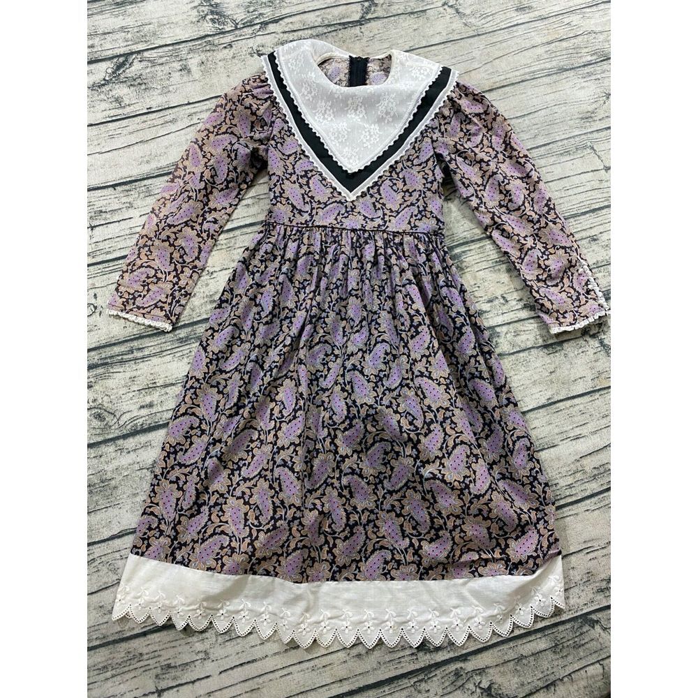 60s Bib Floral Prairie Peasant Western Lace Trim Kids Dress Size 6-9 Boho - Picture 3 of 8